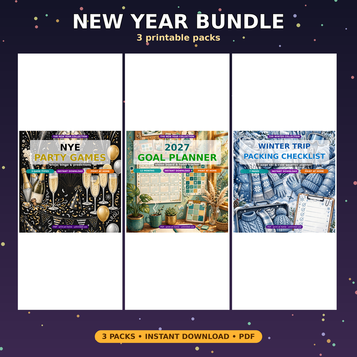 New Year's Eve Party Games Bundle | 10 Printable NYE Games: 2026 Trivia, Resolution Bingo, Predictions + Toast Cards