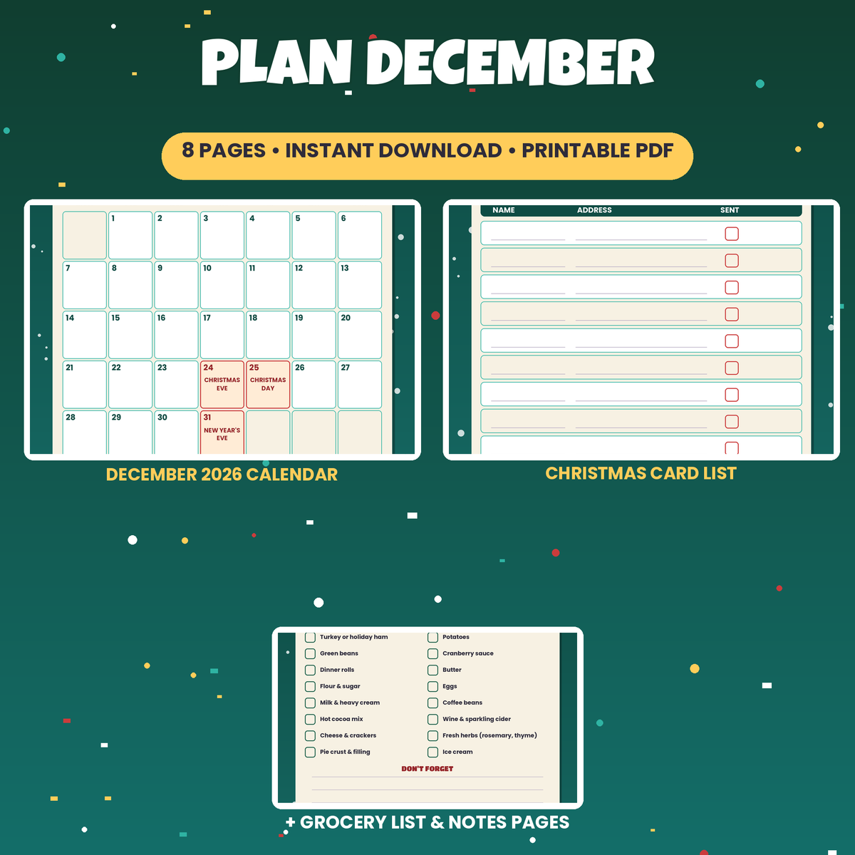 Holiday Planner Pack | Gift Tracker, Budget, Menu Planner, Dec 2026 Calendar | Printable