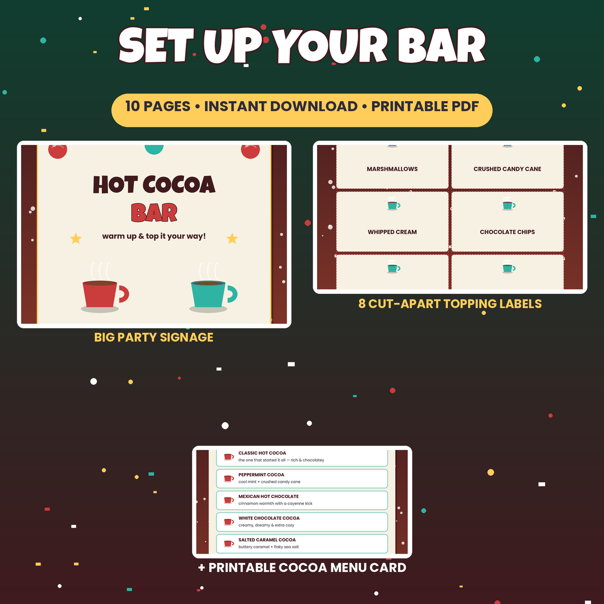 Hot Cocoa Bar Kit | 6 Hot Chocolate Recipes + Party Sign, Menu & Topping Labels | Printable