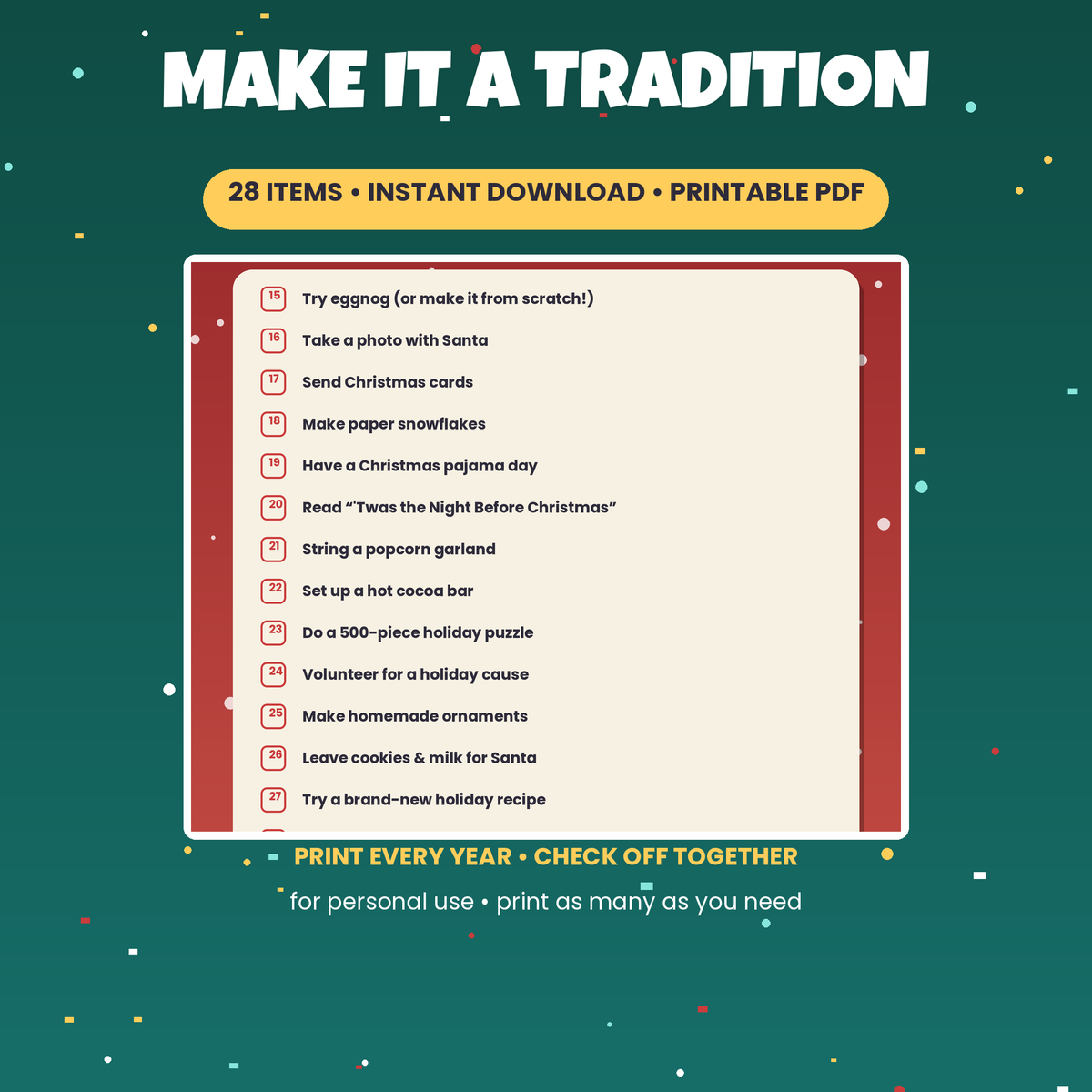 Christmas Bucket List | 28 Festive Things To Do, Printable Holiday Checklist | Instant Download