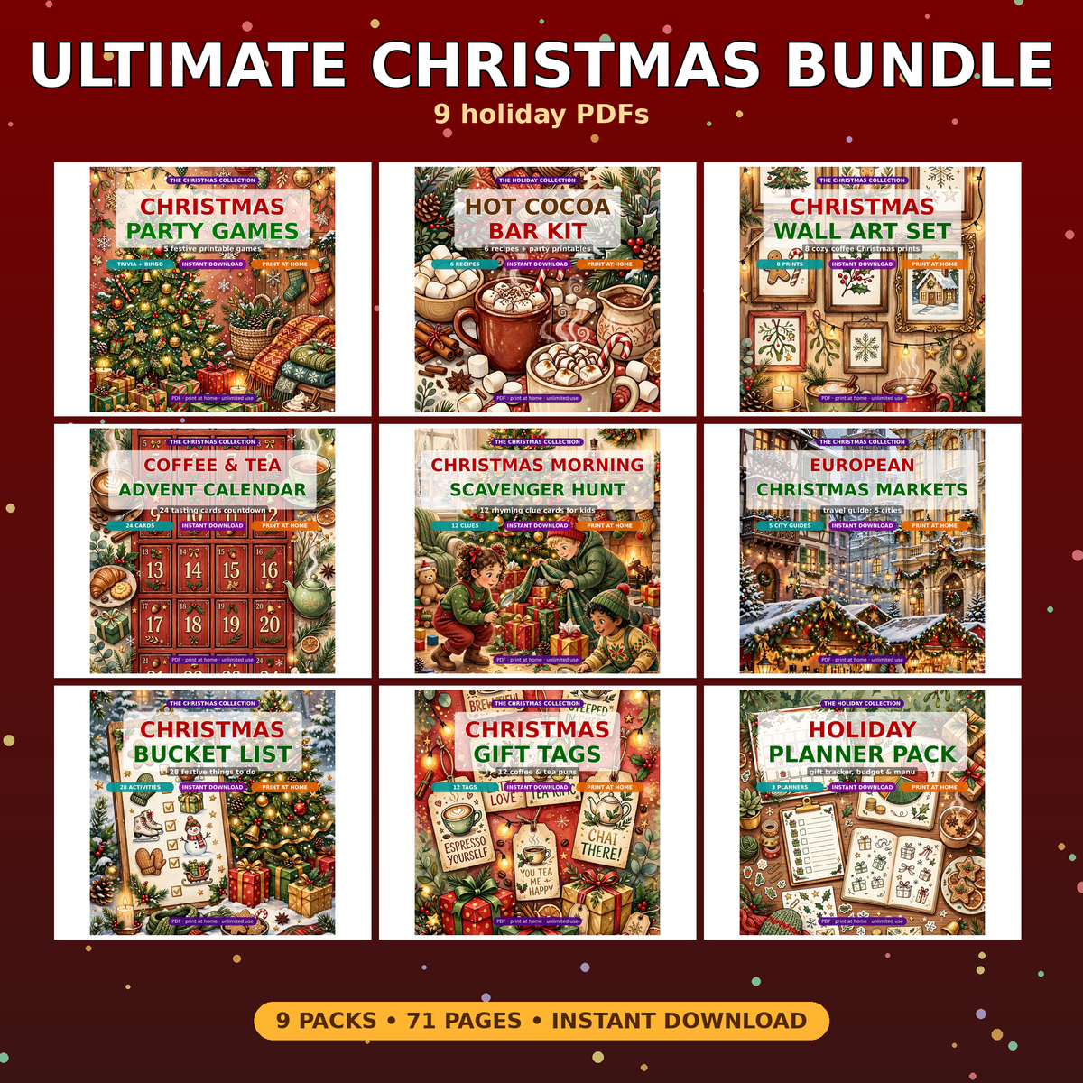 Ultimate Christmas Printable Bundle | 9 Packs, 71 Pages: Party Games, Cocoa Bar Kit, Advent Calendar, Wall Art & More | Instant Download