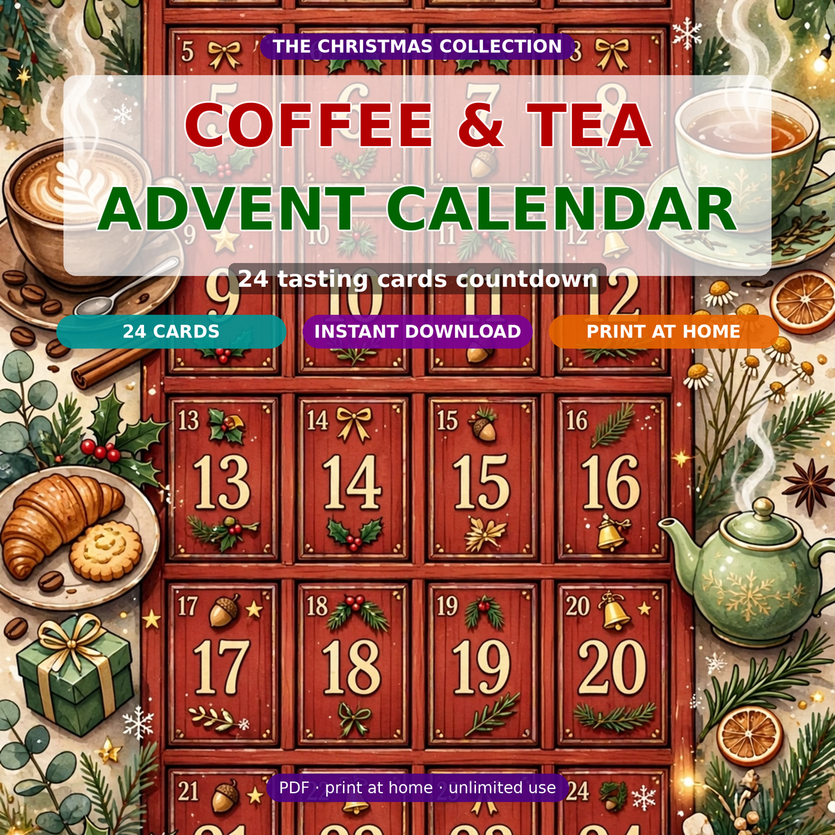 Coffee & Tea Advent Calendar | 24 Tasting Cards, Printable Christmas Countdown | Instant Download