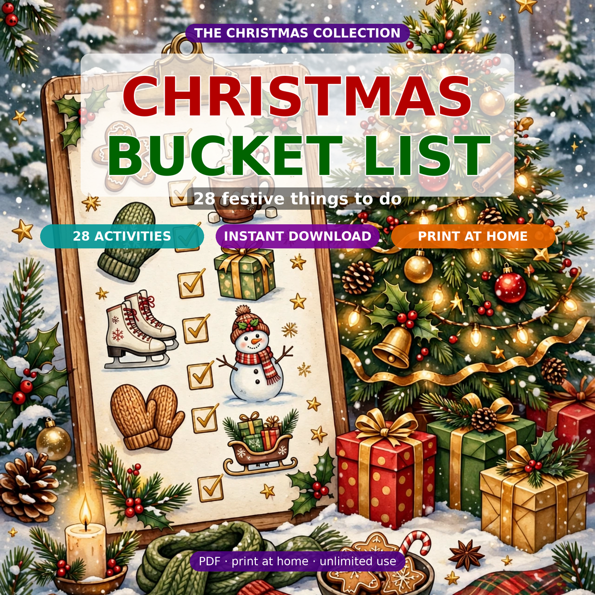 Christmas Bucket List | 28 Festive Things To Do, Printable Holiday Checklist | Instant Download
