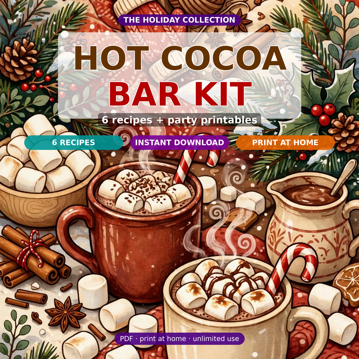 Hot Cocoa Bar Kit | 6 Hot Chocolate Recipes + Party Sign, Menu & Topping Labels | Printable