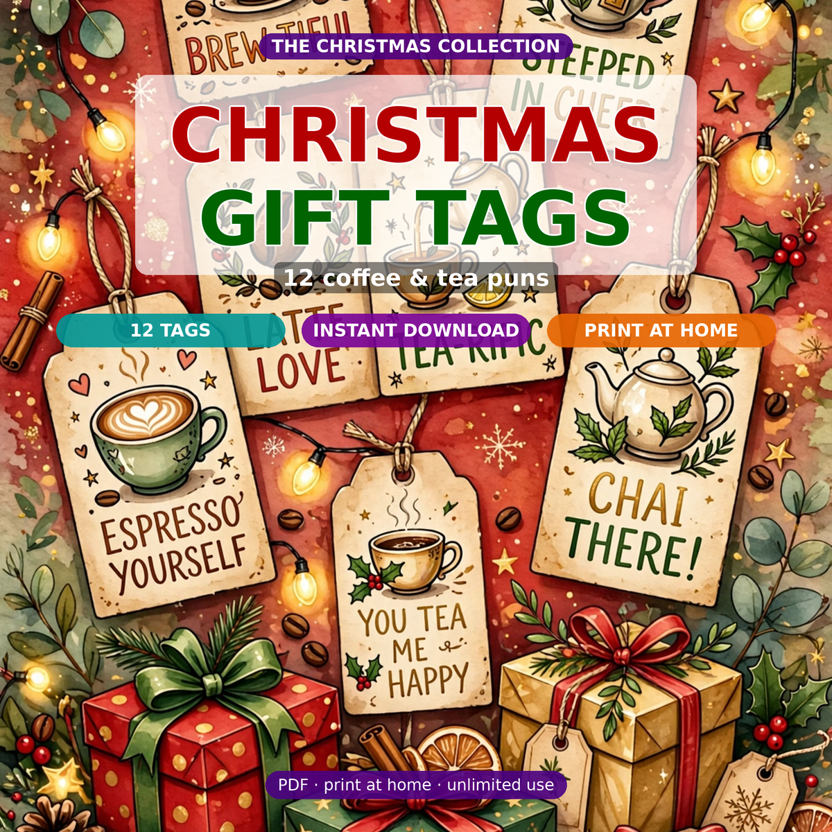 Holiday Gift Tags Printable | 12 Coffee & Tea Puns, Christmas Tags with To/From | Instant Download