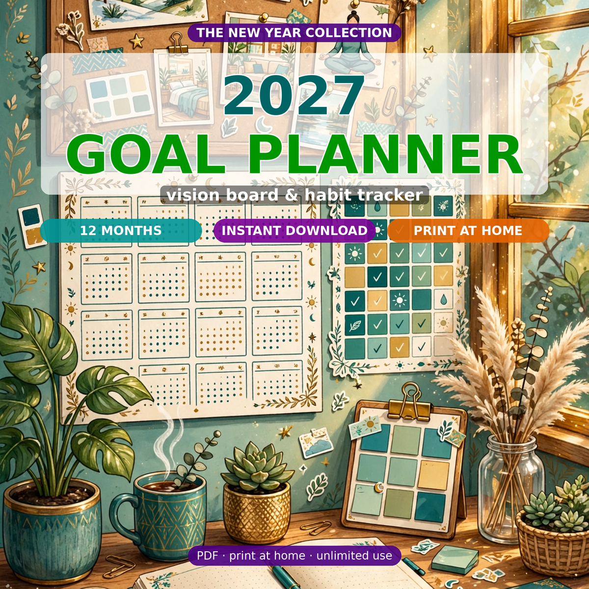 2027 New Year Goal Planner Printable | 12-Page Life Planner: Vision Board, Quarterly Goals, Habit Tracker, Word of Year