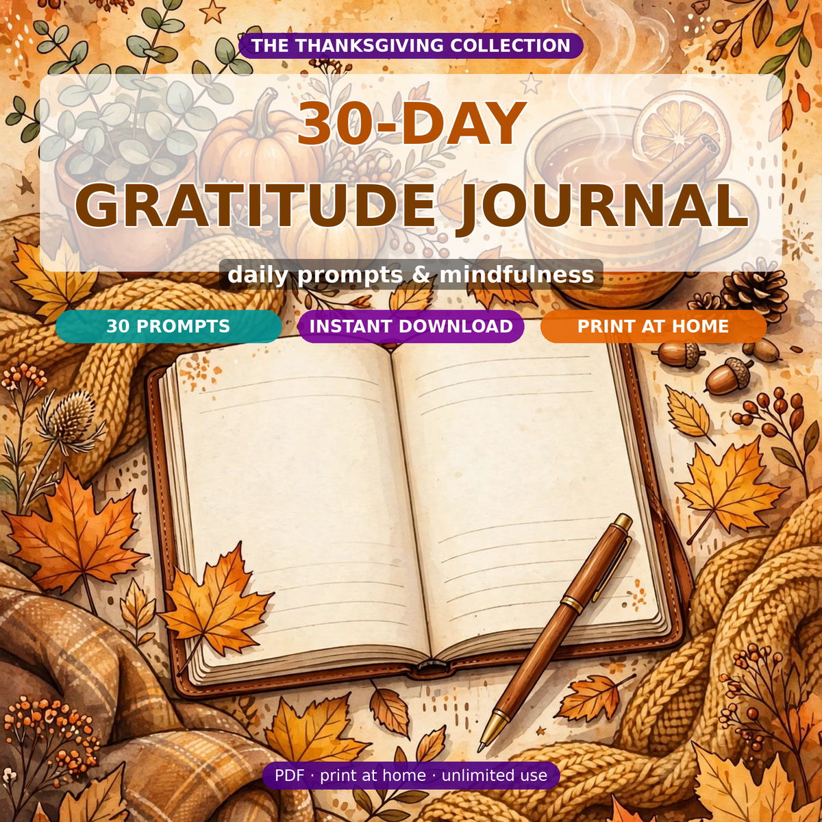 30 Days of Gratitude Journal Printable | Daily Gratitude Prompts, 30 Lined Journal Pages | Mindfulness Gift