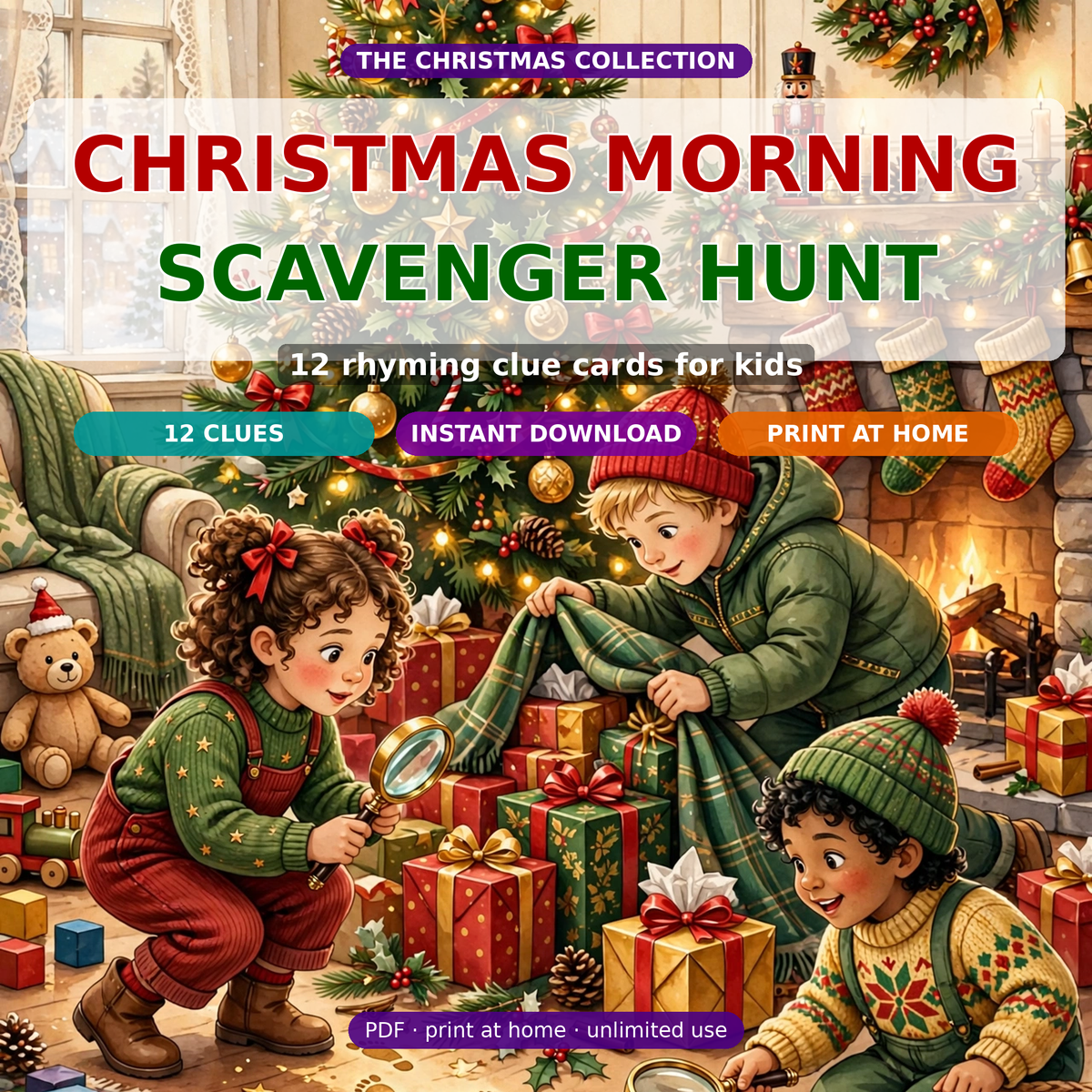 Christmas Morning Scavenger Hunt | 12 Rhyming Clue Cards for Kids, Printable | Instant Download