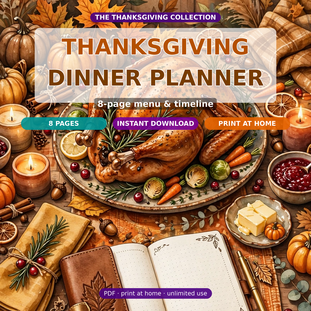 Thanksgiving Dinner Planner Printable | 8-Page Meal Planner: Menu, Guest List, Timeline, Grocery List & Seating Chart