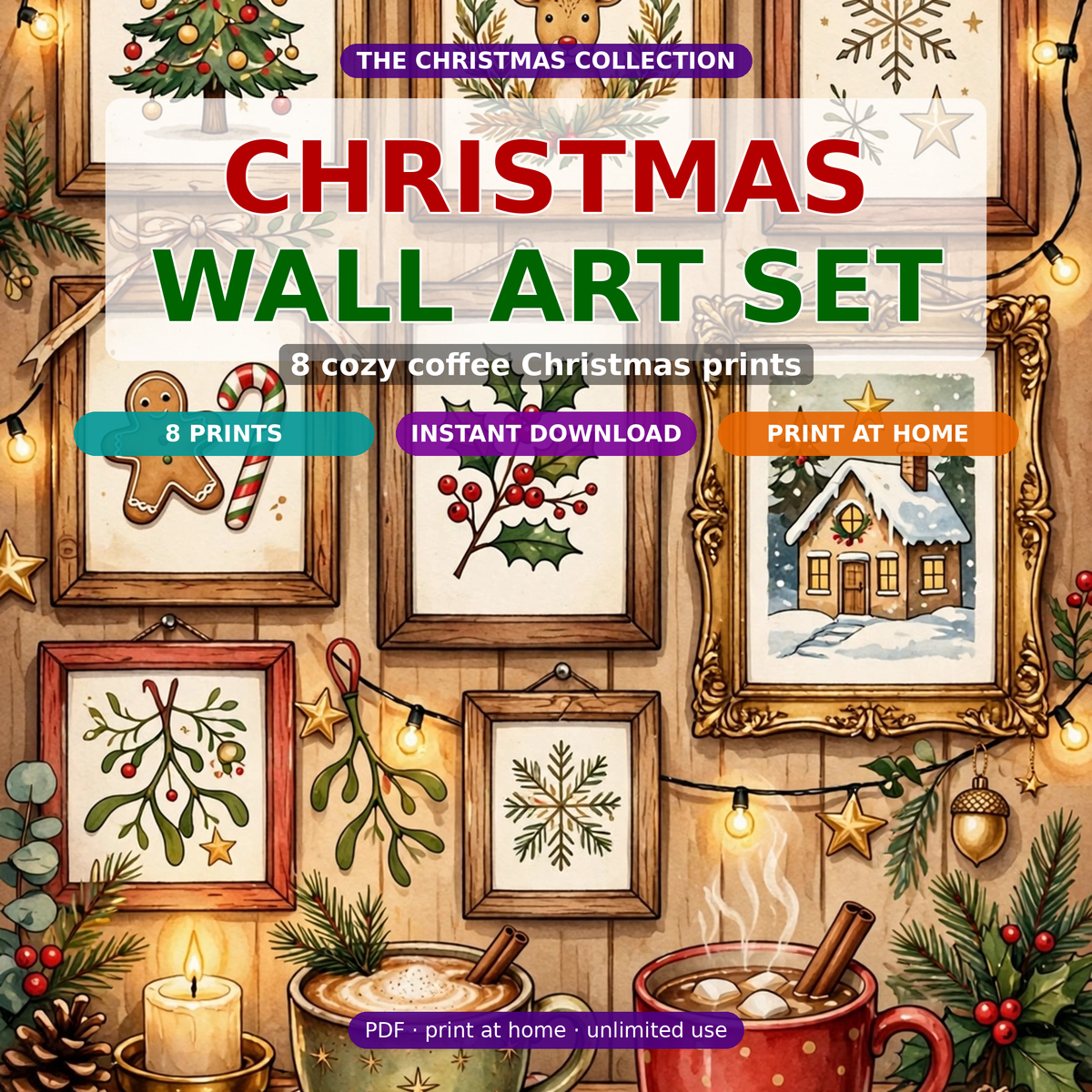 Christmas Wall Art Set | 8 Coffee Christmas Prints, Cozy Holiday Decor | Instant Download