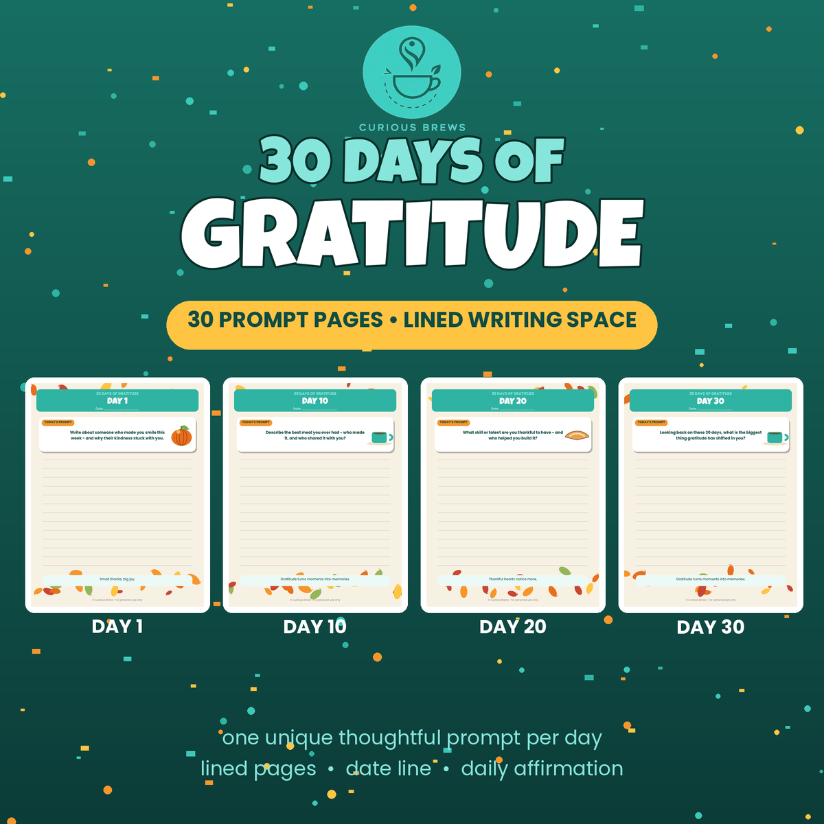 30 Days of Gratitude Journal Printable | Daily Gratitude Prompts, 30 Lined Journal Pages | Mindfulness Gift