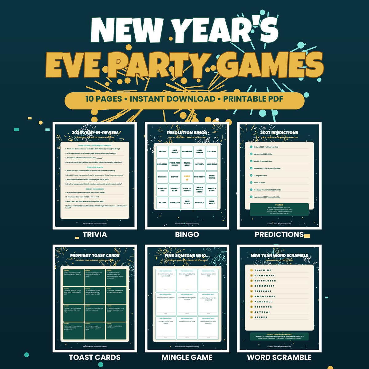 New Year's Eve Party Games Bundle | 10 Printable NYE Games: 2026 Trivia, Resolution Bingo, Predictions + Toast Cards