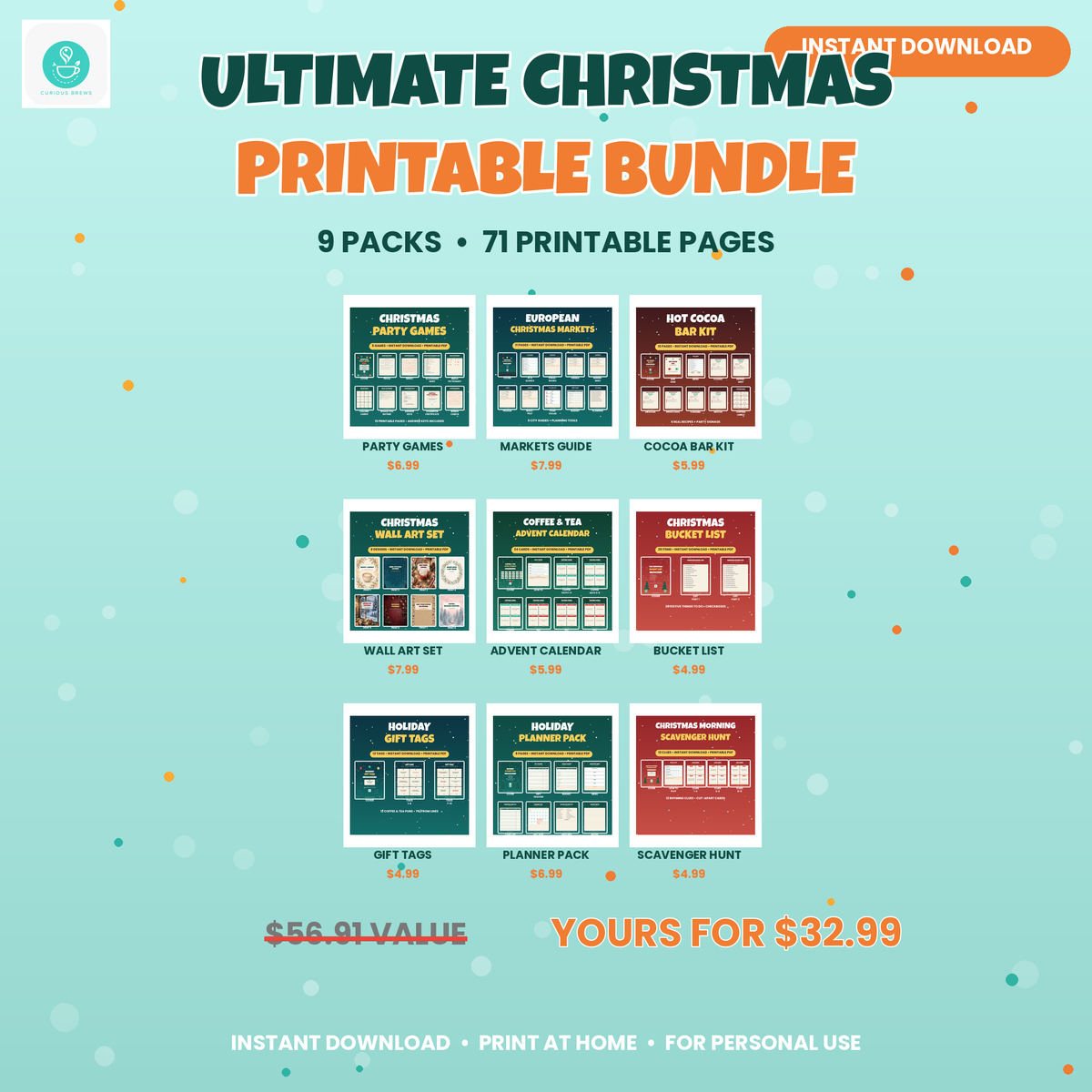 Ultimate Christmas Printable Bundle | 9 Packs, 71 Pages: Party Games, Cocoa Bar Kit, Advent Calendar, Wall Art & More | Instant Download