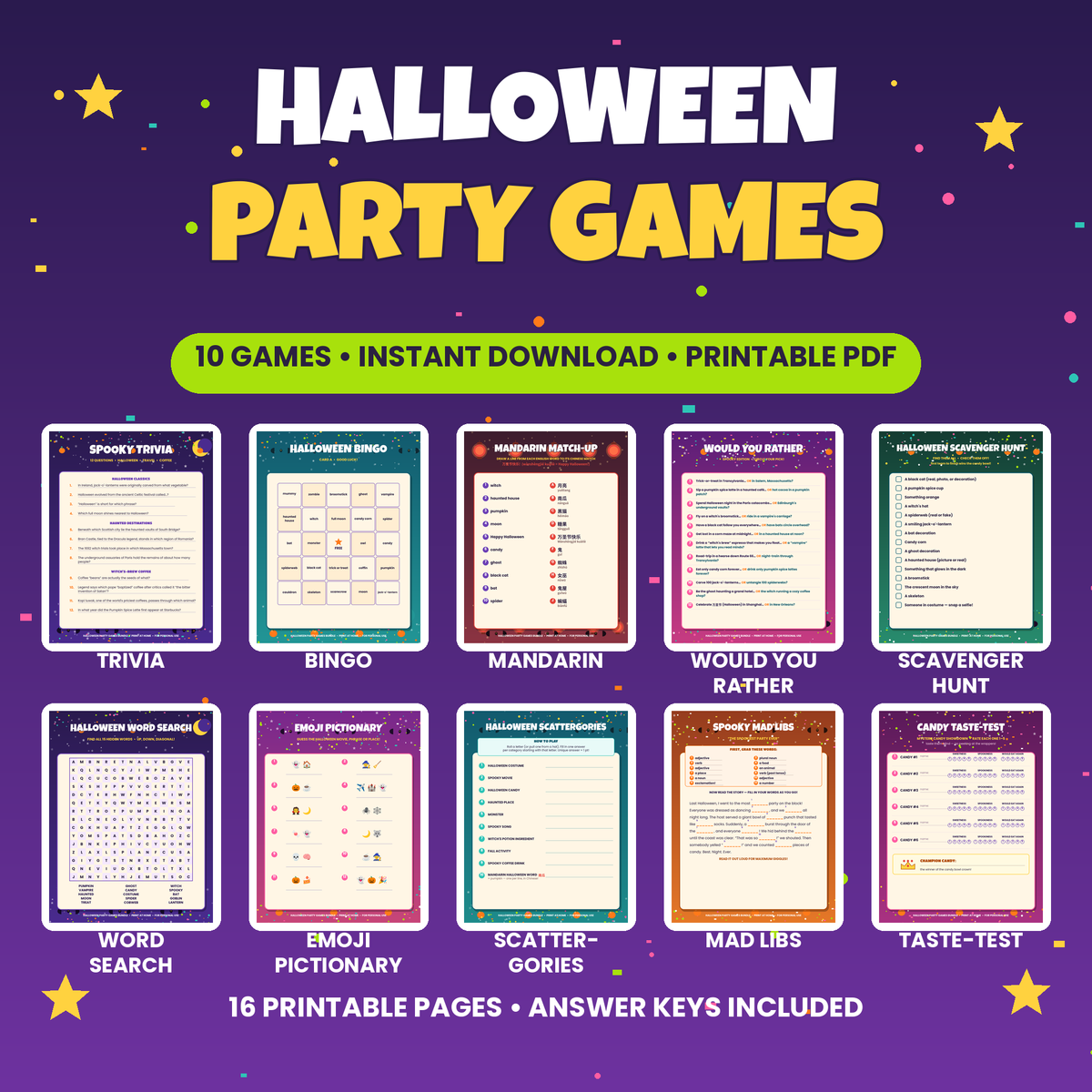 Halloween Party Games Bundle — 10 Printable Games