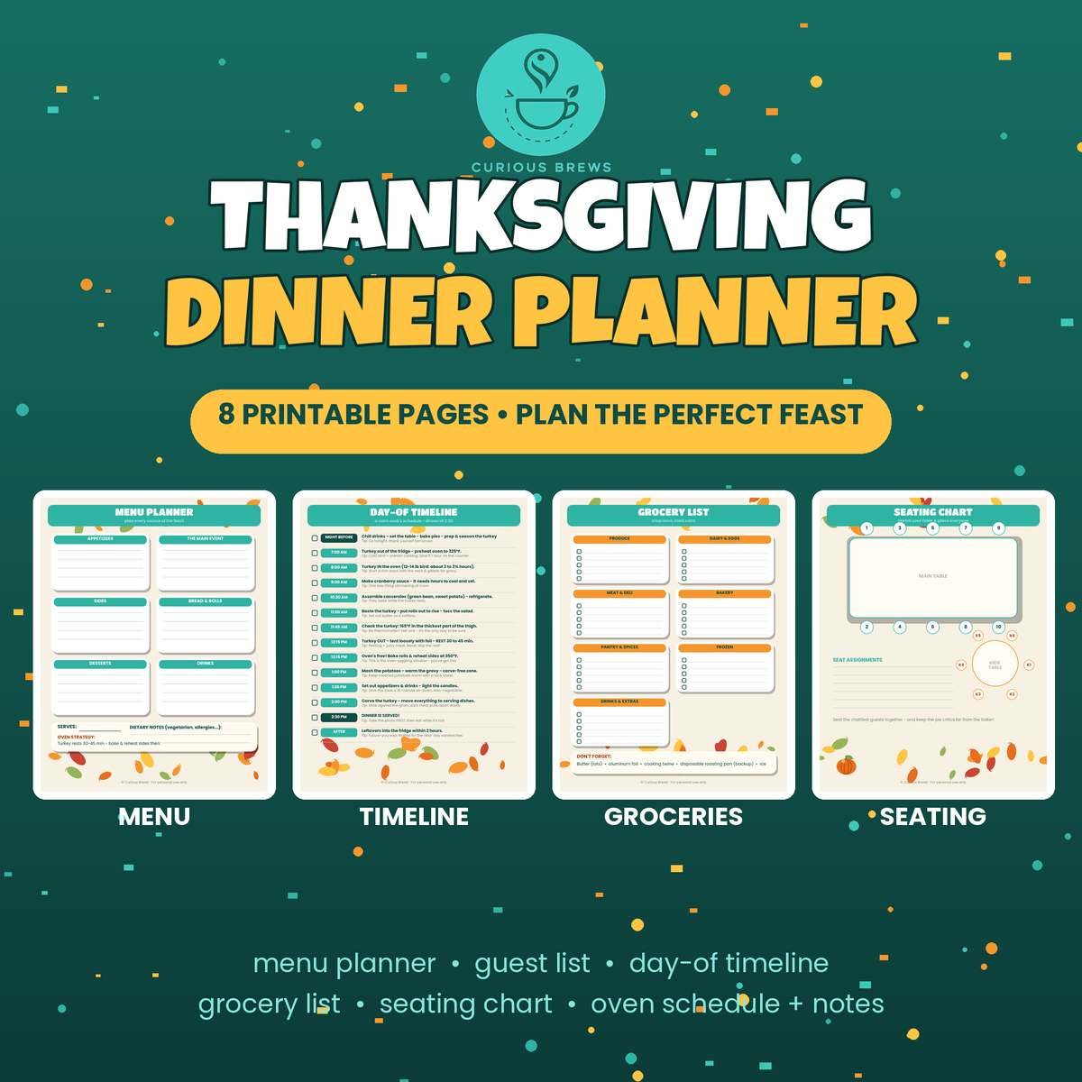 Thanksgiving Dinner Planner Printable | 8-Page Meal Planner: Menu, Guest List, Timeline, Grocery List & Seating Chart
