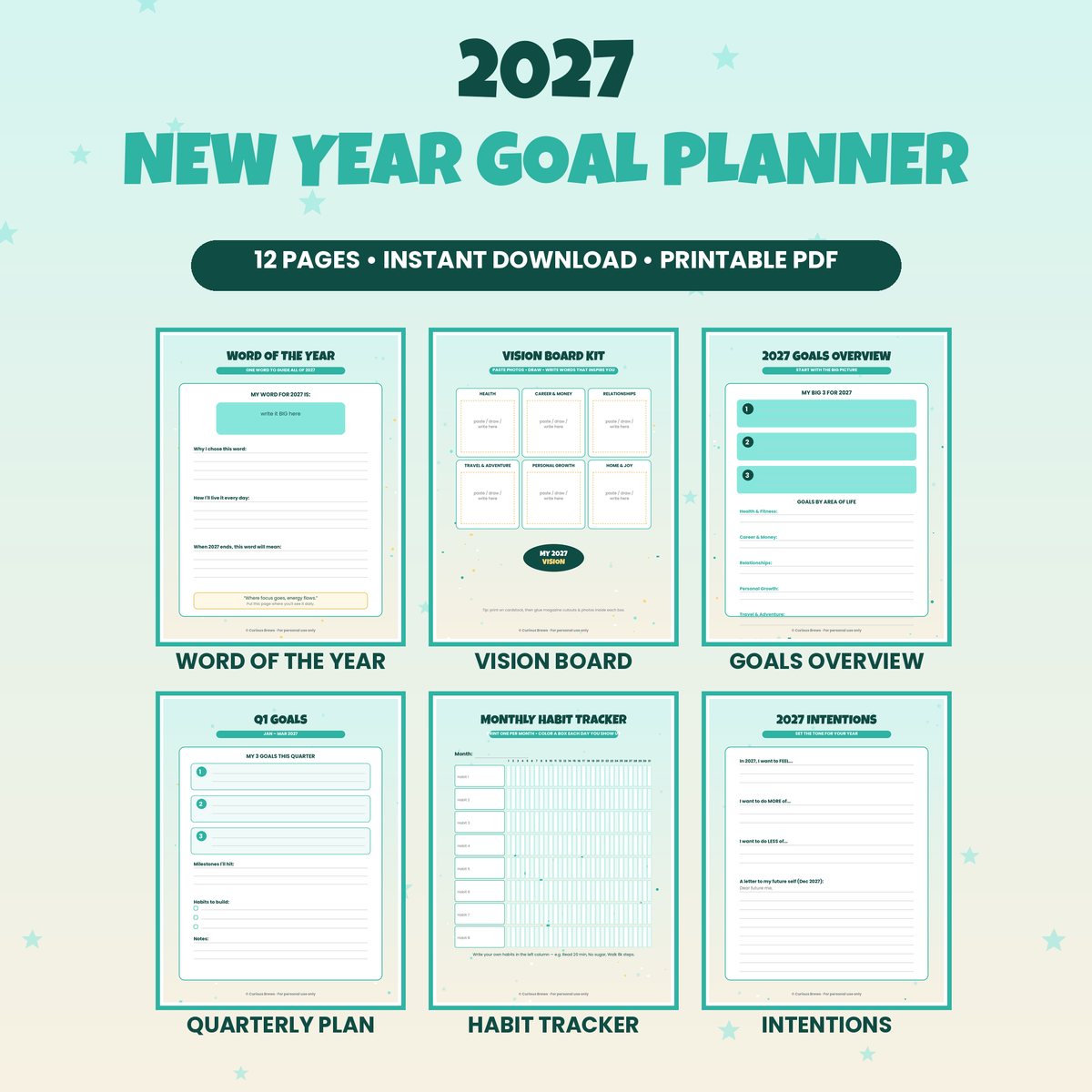2027 New Year Goal Planner Printable | 12-Page Life Planner: Vision Board, Quarterly Goals, Habit Tracker, Word of Year