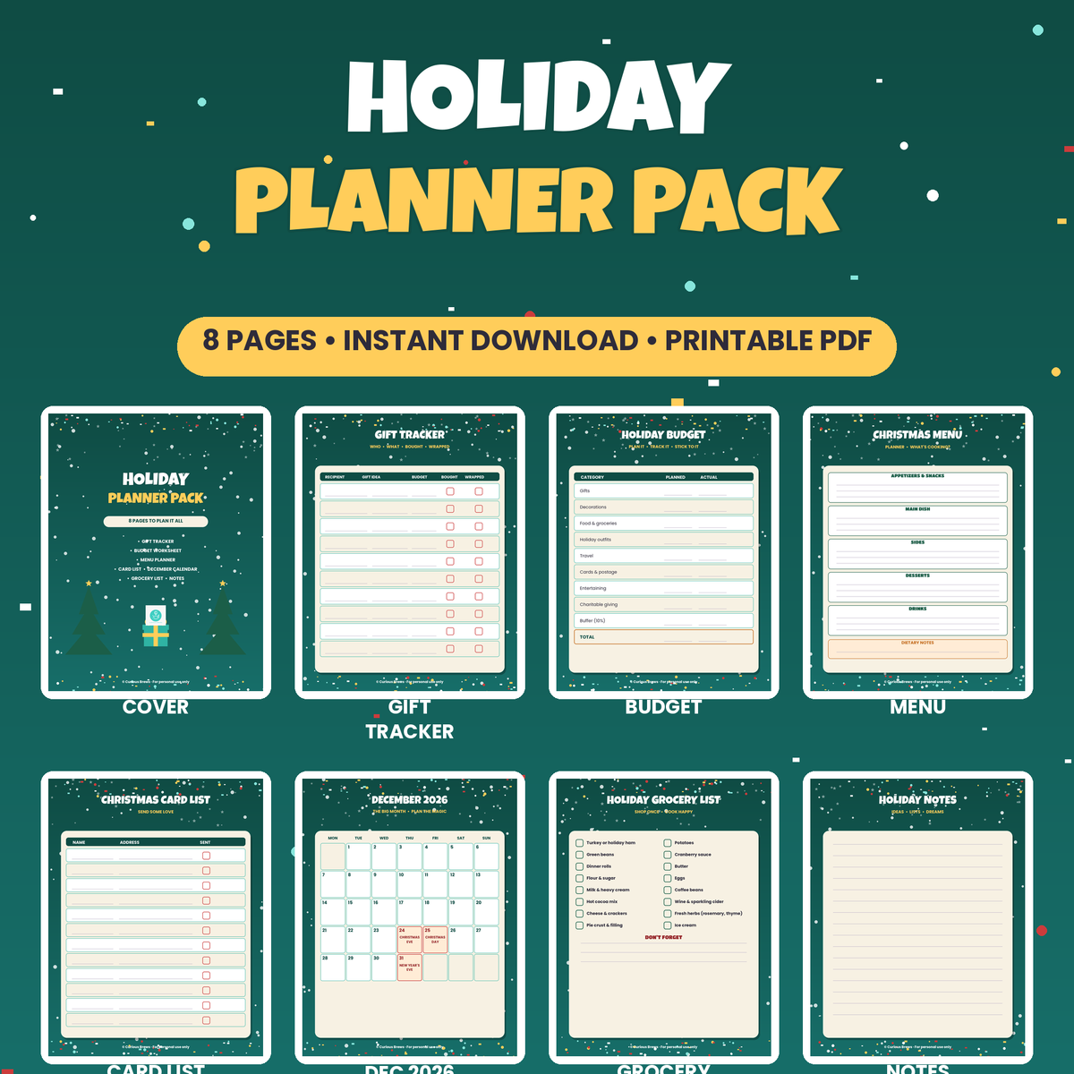 Holiday Planner Pack | Gift Tracker, Budget, Menu Planner, Dec 2026 Calendar | Printable