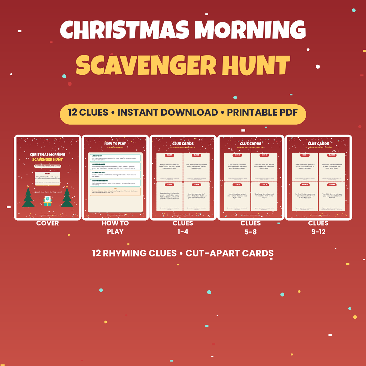 Christmas Morning Scavenger Hunt | 12 Rhyming Clue Cards for Kids, Printable | Instant Download