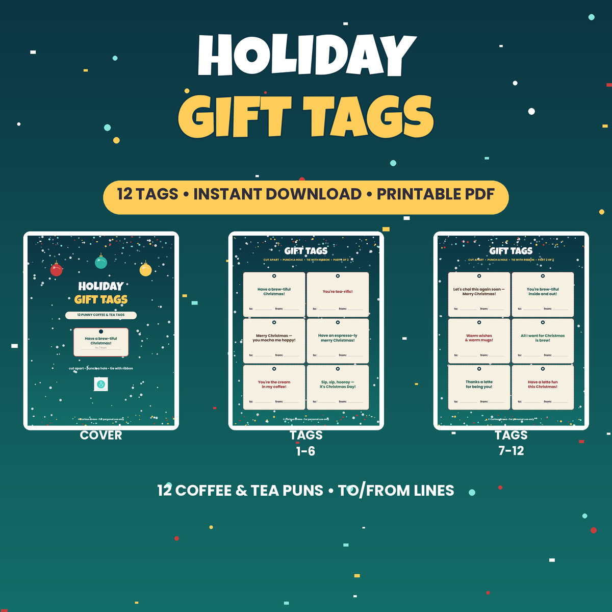 Holiday Gift Tags Printable | 12 Coffee & Tea Puns, Christmas Tags with To/From | Instant Download