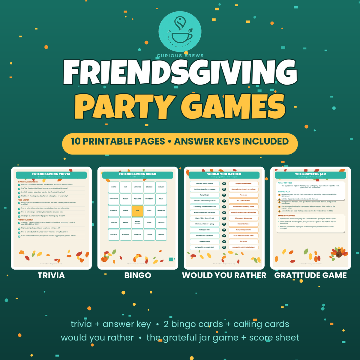 Friendsgiving Party Games Bundle | 10 Printable Games: Trivia, Bingo, Would You Rather & Gratitude Game | Instant Download