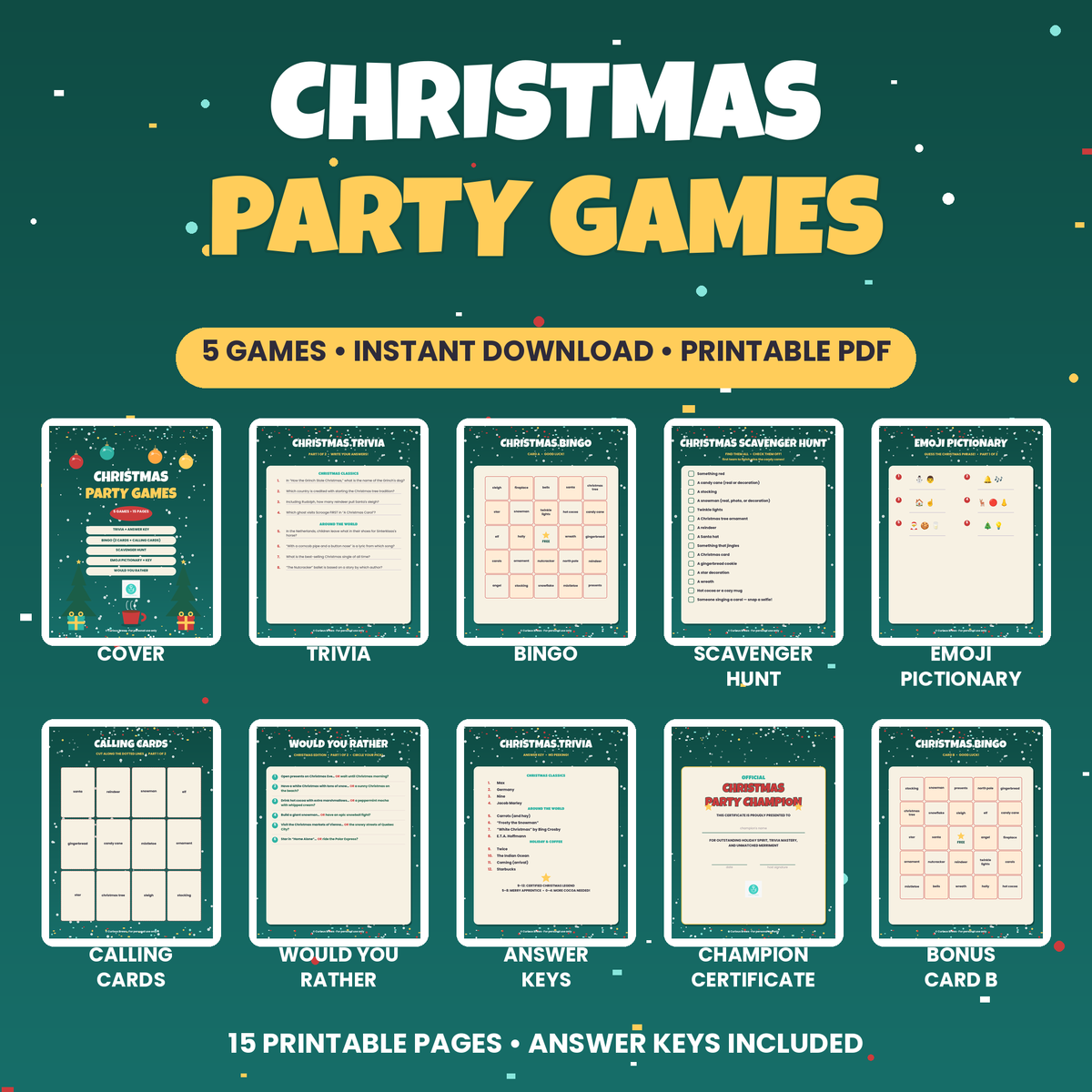 Christmas Party Games Bundle | 5 Printable Games: Trivia, Bingo, Emoji Pictionary | Instant Download