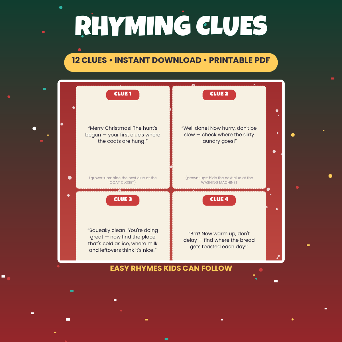 Christmas Morning Scavenger Hunt | 12 Rhyming Clue Cards for Kids, Printable | Instant Download