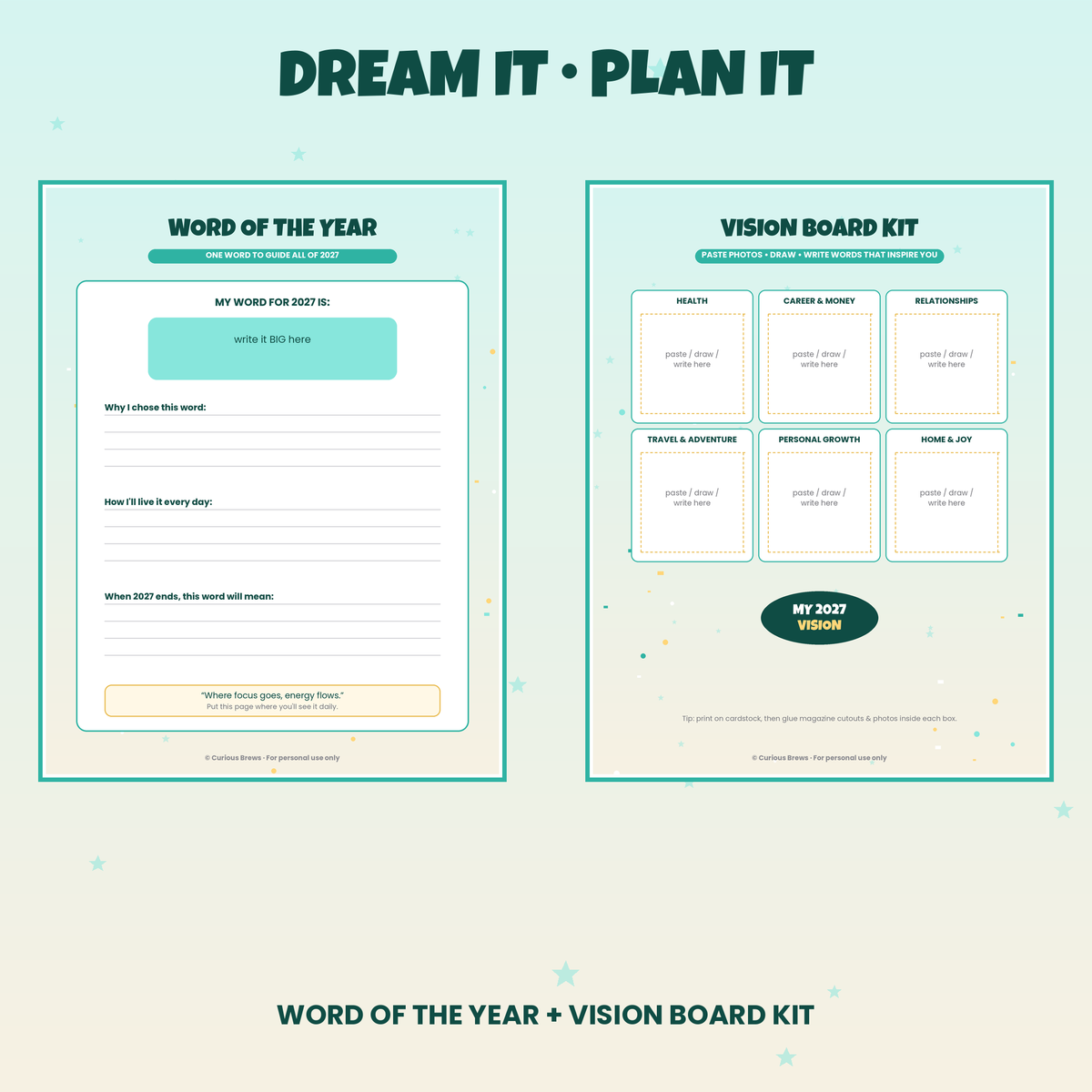 2027 New Year Goal Planner Printable | 12-Page Life Planner: Vision Board, Quarterly Goals, Habit Tracker, Word of Year