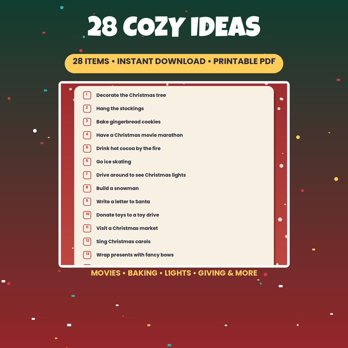 Christmas Bucket List | 28 Festive Things To Do, Printable Holiday Checklist | Instant Download