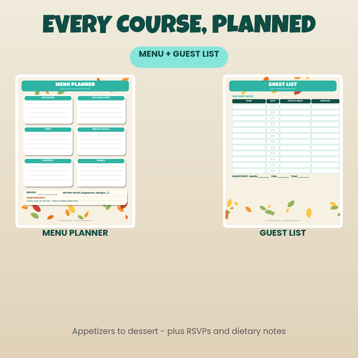 Thanksgiving Dinner Planner Printable | 8-Page Meal Planner: Menu, Guest List, Timeline, Grocery List & Seating Chart