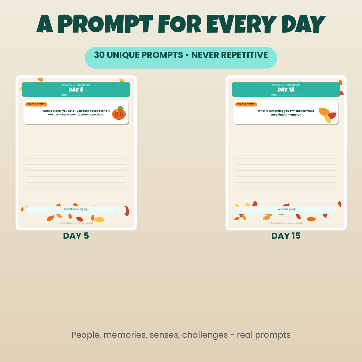 30 Days of Gratitude Journal Printable | Daily Gratitude Prompts, 30 Lined Journal Pages | Mindfulness Gift