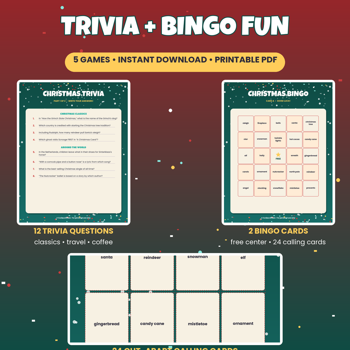 Christmas Party Games Bundle | 5 Printable Games: Trivia, Bingo, Emoji Pictionary | Instant Download