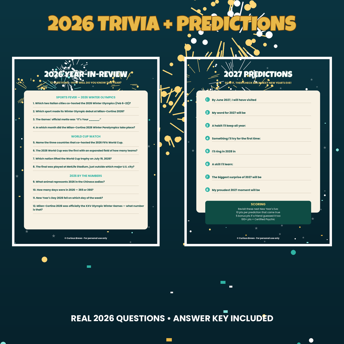 New Year's Eve Party Games Bundle | 10 Printable NYE Games: 2026 Trivia, Resolution Bingo, Predictions + Toast Cards