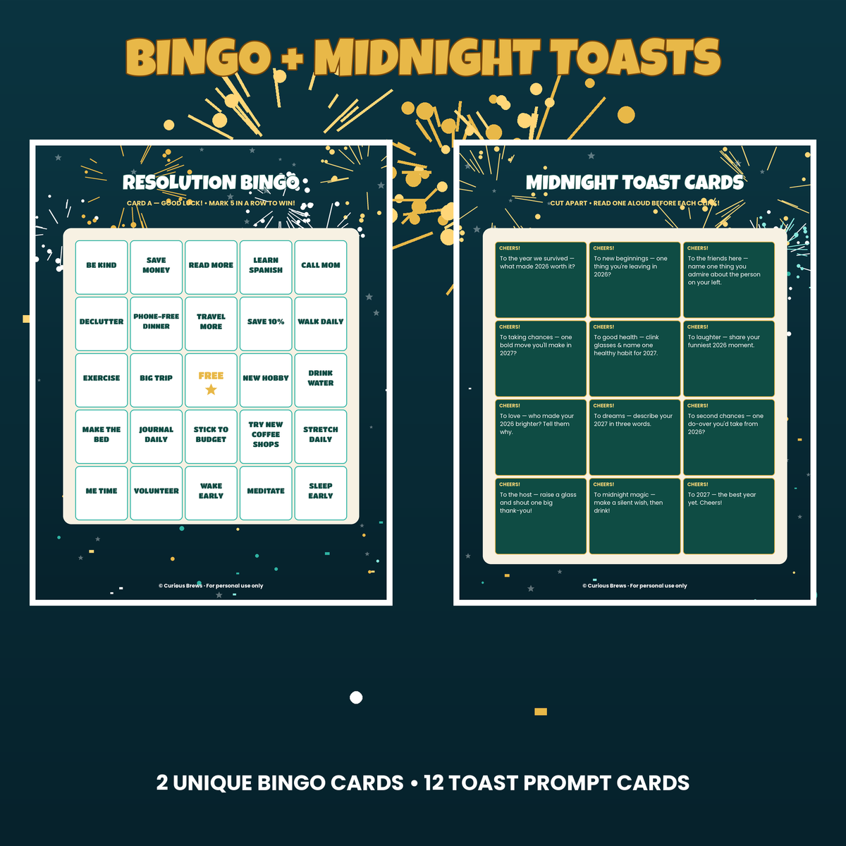 New Year's Eve Party Games Bundle | 10 Printable NYE Games: 2026 Trivia, Resolution Bingo, Predictions + Toast Cards