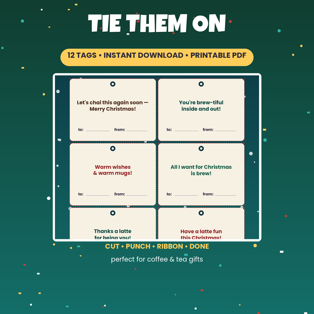 Holiday Gift Tags Printable | 12 Coffee & Tea Puns, Christmas Tags with To/From | Instant Download