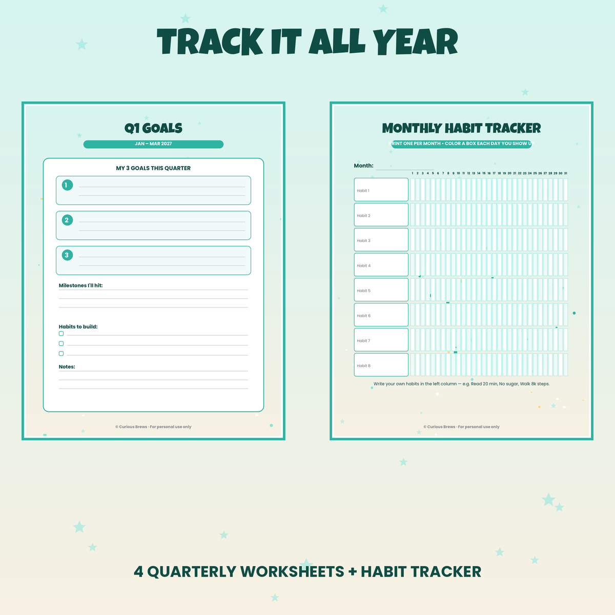 2027 New Year Goal Planner Printable | 12-Page Life Planner: Vision Board, Quarterly Goals, Habit Tracker, Word of Year