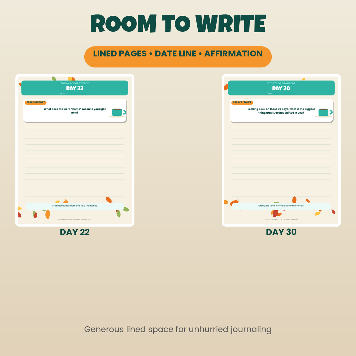 30 Days of Gratitude Journal Printable | Daily Gratitude Prompts, 30 Lined Journal Pages | Mindfulness Gift